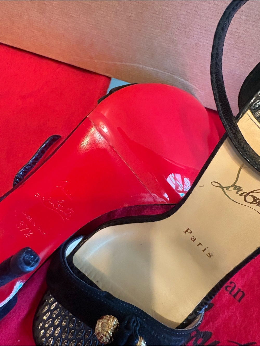Christian Louboutin Black my Suede & Patent Red Sole Ankle-Strap Heels